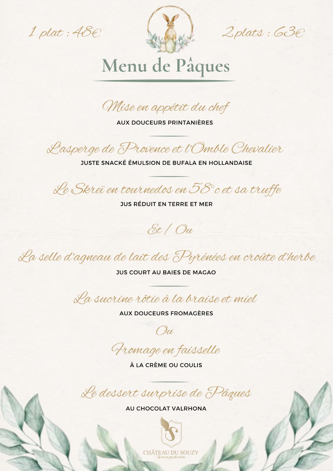 Menu de Pâques 2023 Chateau du Souzy